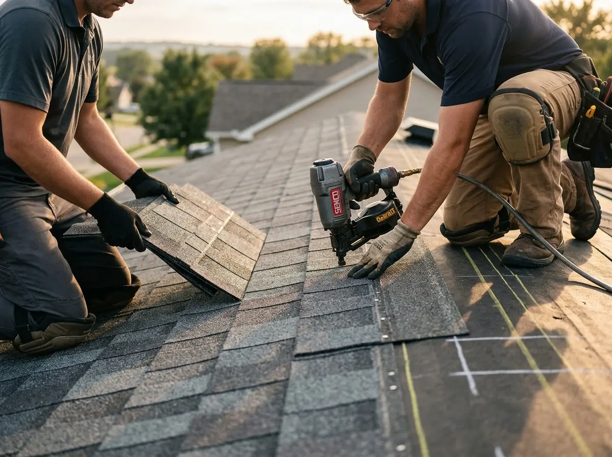Professional roofer working on a residential roof in Vincent